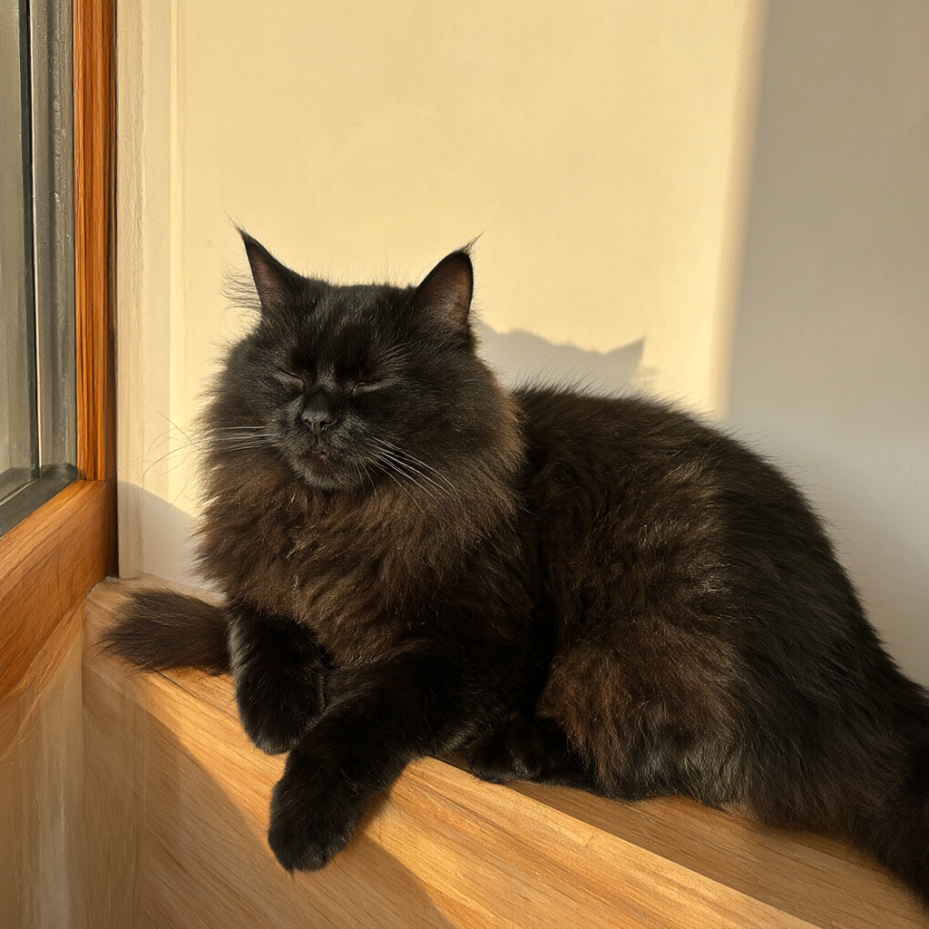 A fluffy black cat lounging on a windowsill in golden light.