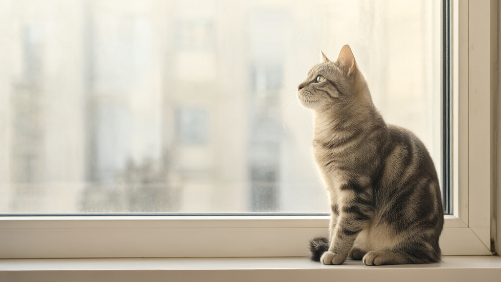 A grey tabby cat sitting on a windowsill in soft morning light, looking out the window.