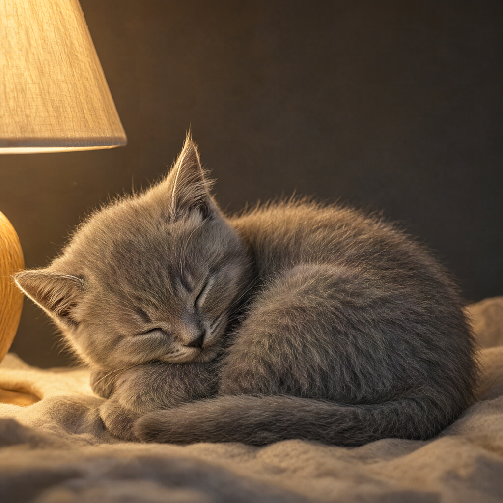 A small grey kitten curled up asleep in soft lamplight.