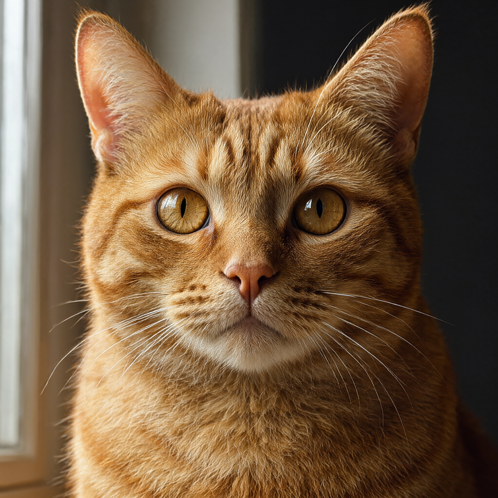 Close-up portrait of an orange tabby cat with amber eyes.