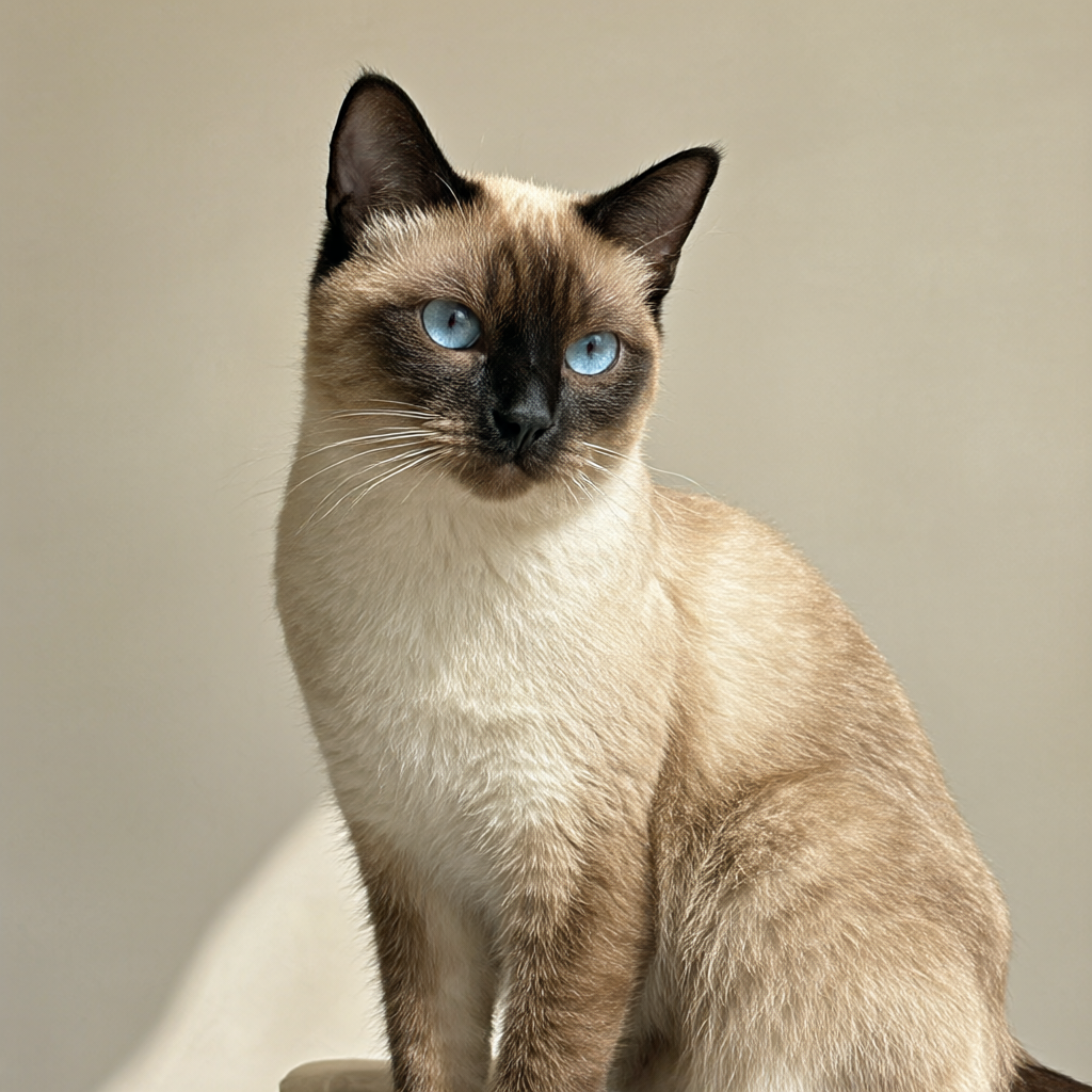 A siamese cat with striking blue eyes sitting in soft daylight.